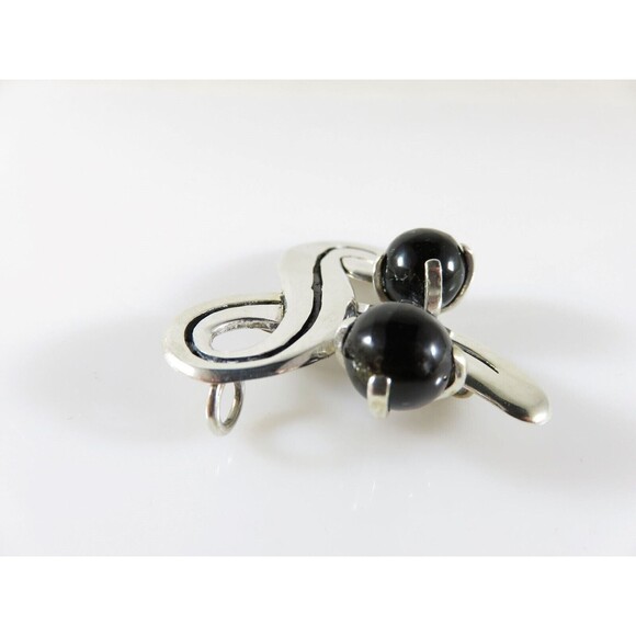 Fetching Modernist Swirling Silver & Onyx Brooch Pendant Taxco TC Conjoined Old - Picture 4 of 8
